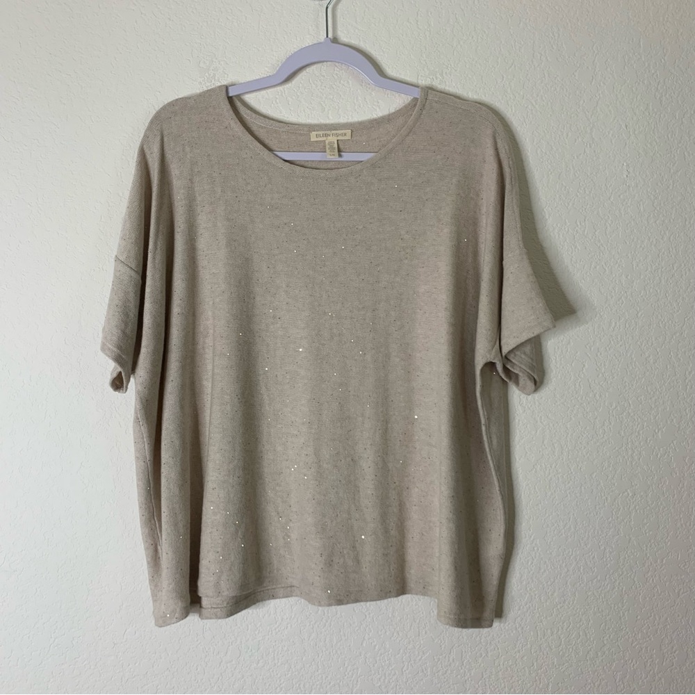 Eileen Fisher Beige Sequin Knit Short Sleeve Top